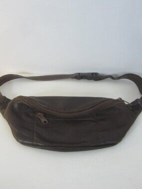 Vtg Unbranded Dark Brown Leather Fanny Pack Bum Bag Adjustable Strap Zip Pockets